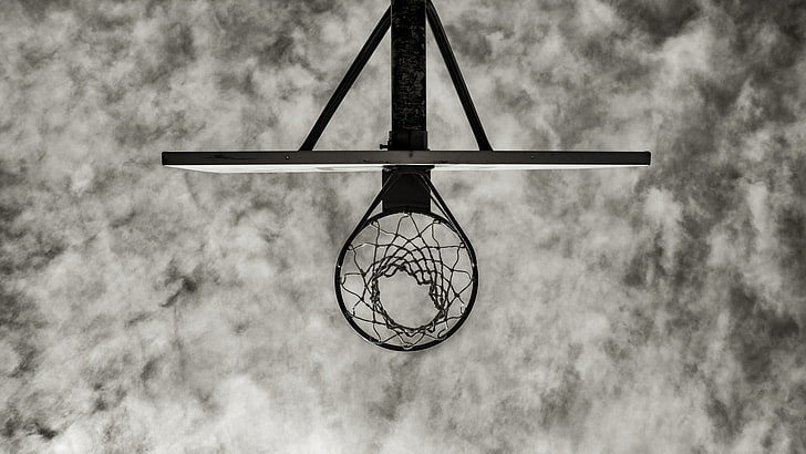 basketball hoop, worm's eye view, nets, clouds, sky, monochrome