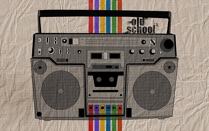 gray Old School boombox illustration, player, lines, background