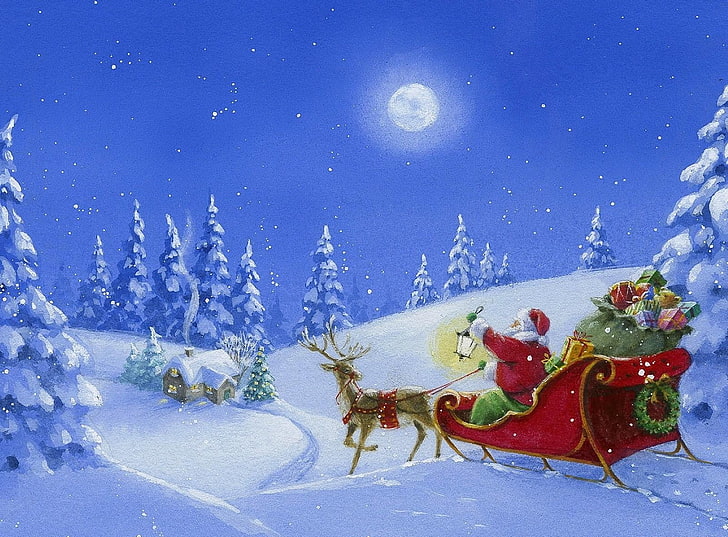 Santa Claus riding sleigh wallpaper, reindeer, gifts, wood, light