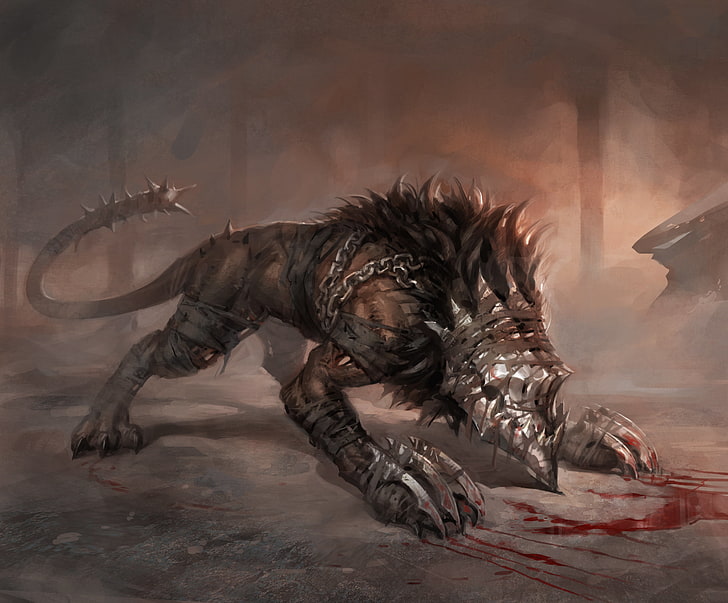 hell hound illustration, cerberus, dog, art, animal, dinosaur