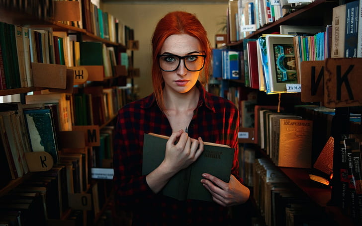 Red hair girl, freckles, glasses, library, reading book