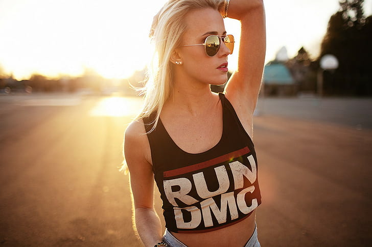 sunset, blonde, women with glasses, armpits, T-shirt, looking away