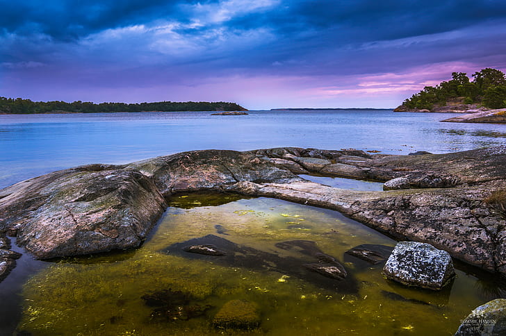 brown rocky sea shore photography, sweden, sweden, Sunset, Stockholm archipelago, HD wallpaper