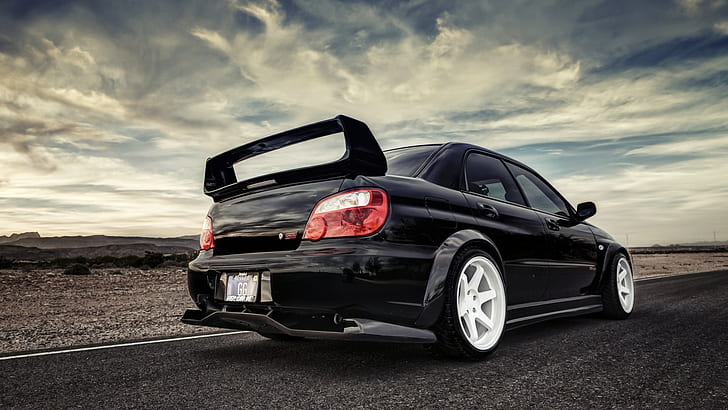Subaru WRX STI HD, black sedan whit spoiler, cars