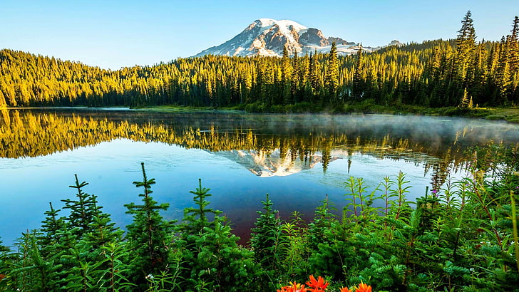 Landscape Summer Lake Reflection Lake Green Firs Evaporation Pine Forest With Snow Mountain Sky Blue Desktop Hd Wallpaper