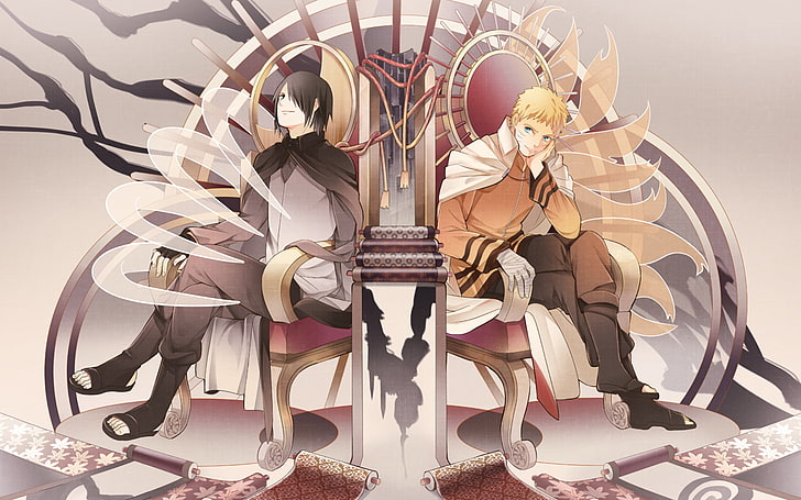 two men sitting on chairs anime characters illustration, Boruto