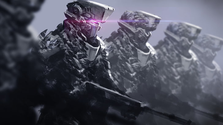 robots with rifle digital wallpaper, artwork, fantasy art, soldier