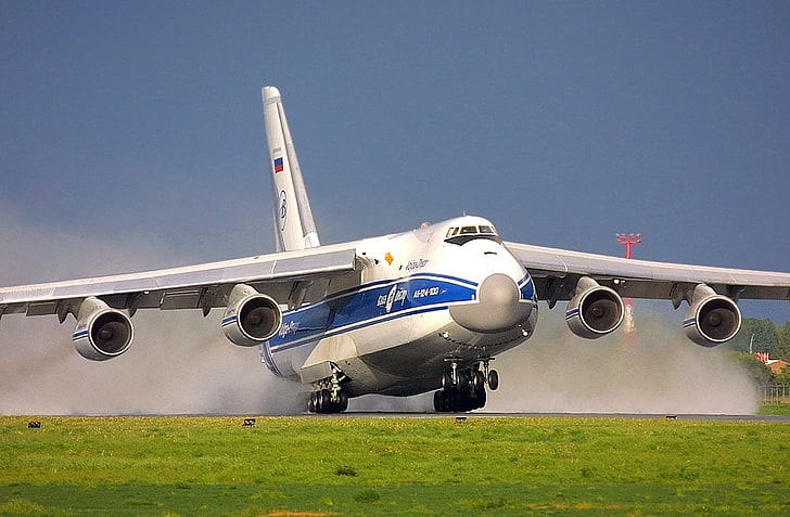 white and blue airplane, the plane, An-124, Ruslan, cargo, Antonov