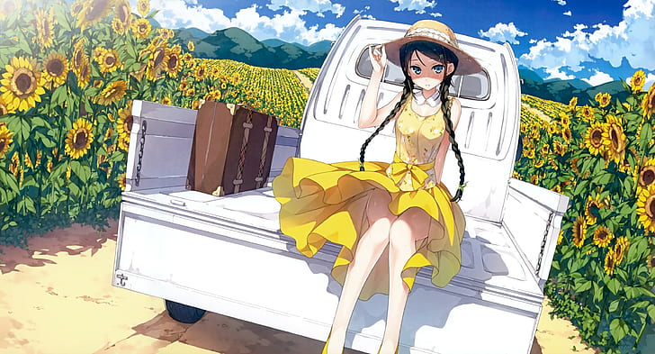 Anime Girls, Sunflowers, Miyaguchi Hiromi, Kantoku, Afterschool of the 5th Year, HD wallpaper
