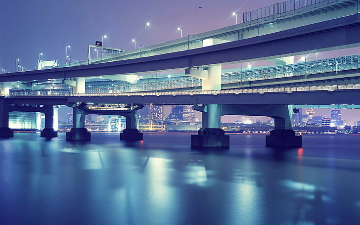 bridge, water, blue, cyan, violet, city, city lights, night, HD wallpaper