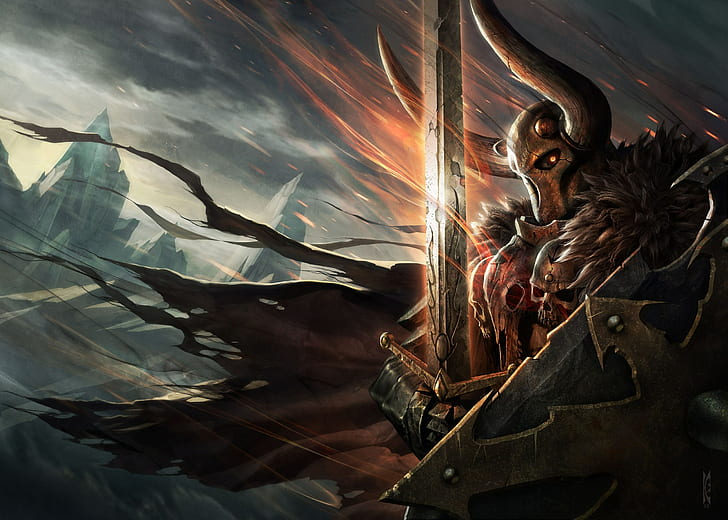 Chaos, Warrior, horns, cloak, blade, Fantasy Battle, Warhammer FB, HD wallpaper