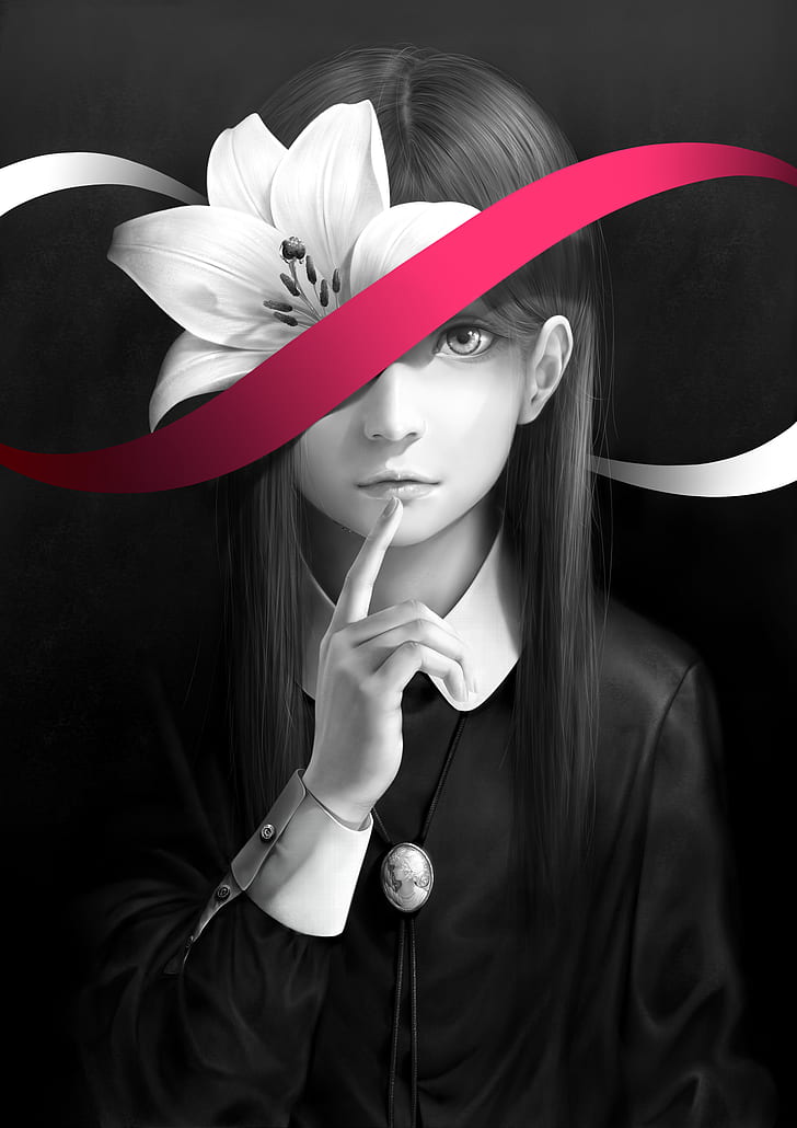 flower, simple background, anime girls, selective coloring