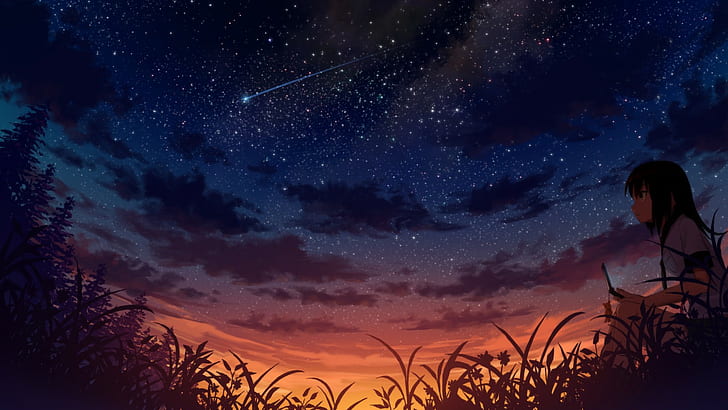 anime, anime girls, sky, stars, sunset, cellphone