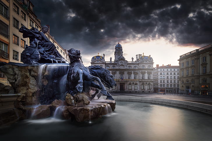 France, area, fountain, Lyon, HD wallpaper