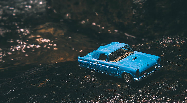 blue die-cast car toy, model, retro, moisture, land Vehicle, transportation, HD wallpaper