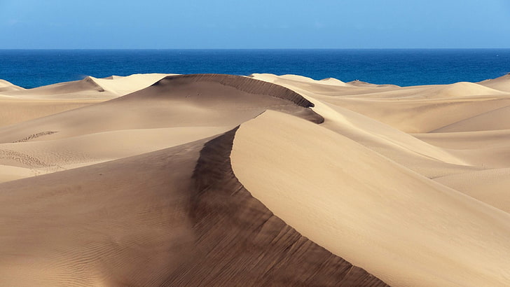sand dunes, sea, desert, sky, landscape, gran canaria, maspalomas, HD wallpaper