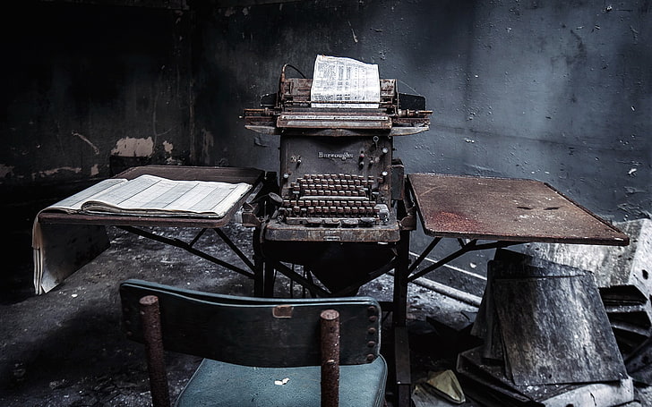 vintage black and brown typewriter, ruin, ruins, abandoned, typewriters