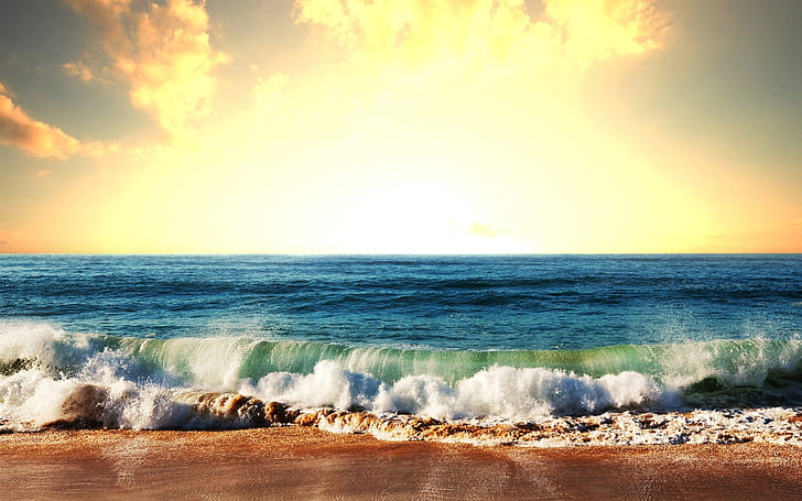 amanecer, mar, naturaleza, olas, playa, sea, water, sky, horizon over water, HD wallpaper