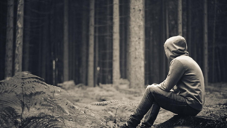 lonely, alone, forest, b&w, life, one person, land, sitting, HD wallpaper
