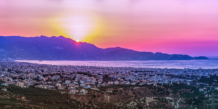 sunset photography of a city, heraklion, heraklion, crete, greece