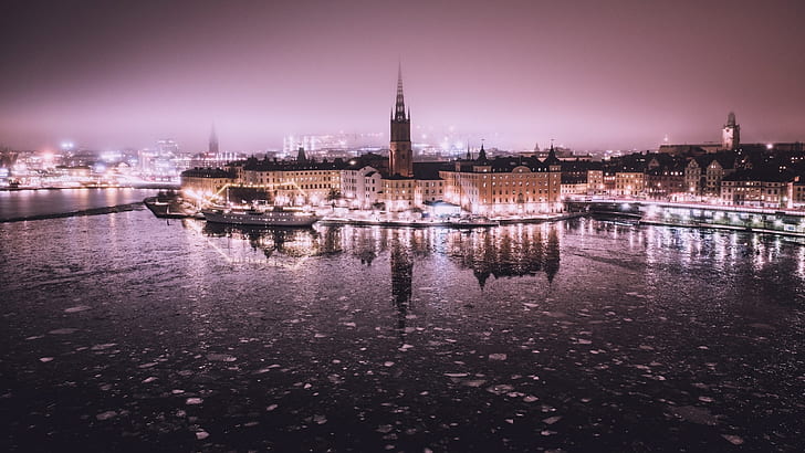 cityscape, Stockholm, sky, water, night, lights