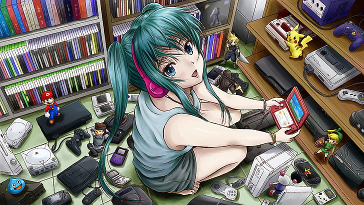 girl, game, sword, katana, anime, headphones, art, console, HD wallpaper