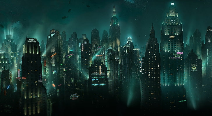 BioShock Rapture, black tower buildings, Games, City, Underwater