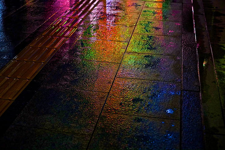 sidewalks, wet, colorful, HD wallpaper