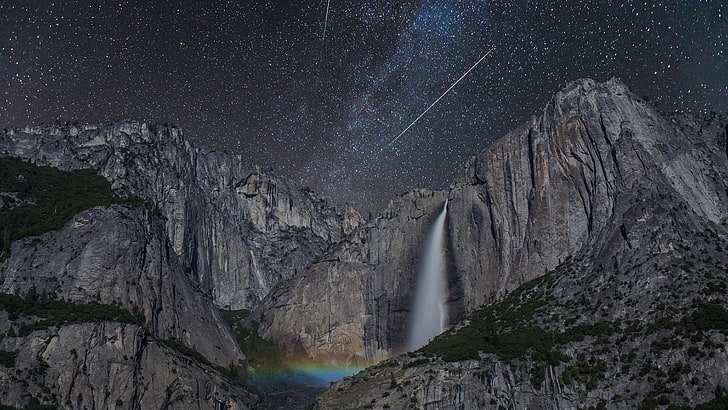 yosemite national park, milky way, waterfall, rainbow, meteor, HD wallpaper