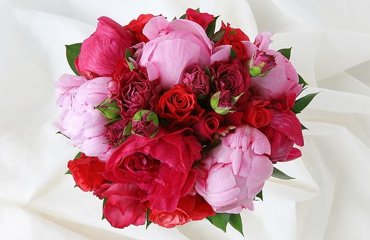 red and pink peonies and red roses bouquet, buds, drops, beautifully