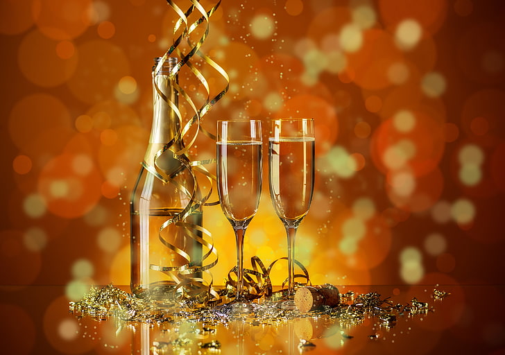 two champagne glasses, holiday, bottle, tube, serpentine, bokeh
