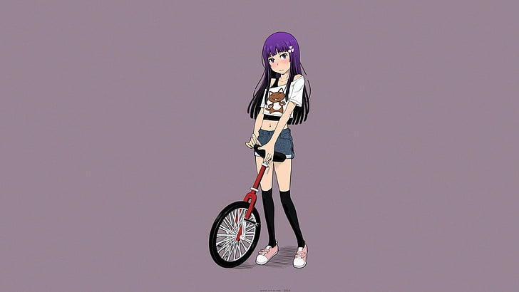 Arekusa Mahone, Aoi, long hair, purple hair, purple eyes, jean shorts, HD wallpaper