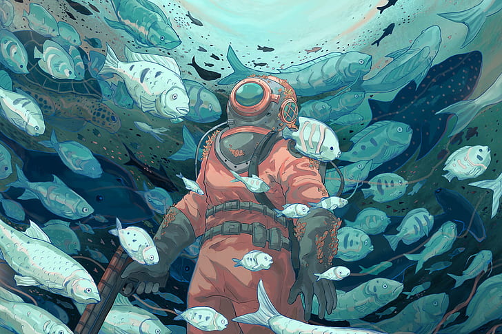 Fantasy, Underwater, Fish, Scuba Diver, HD wallpaper