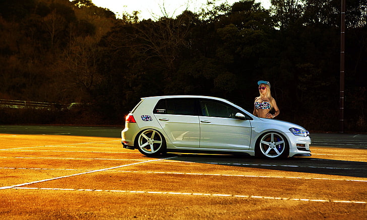 woman standing in front of silver 5-door hatchback, VW Golf 7 GTI, HD wallpaper