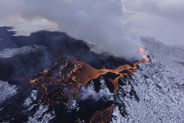 lava, Iceland, snow, smoke, landscape, Lurie Belegurschi, HD wallpaper
