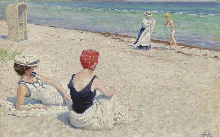 Danish painter, On the beach, Paul Gustav Fischer, oil on canvas, HD wallpaper