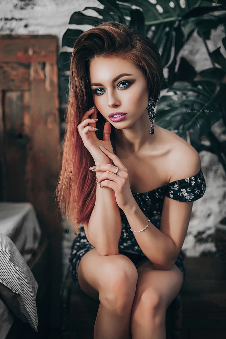 Anton Harisov, women, redhead, makeup, eyeshadow, eyeliner, HD wallpaper