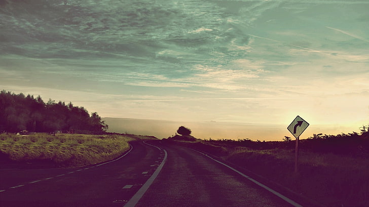 gray road, nature, sunset, clouds, sky, cloud - sky, transportation, HD wallpaper