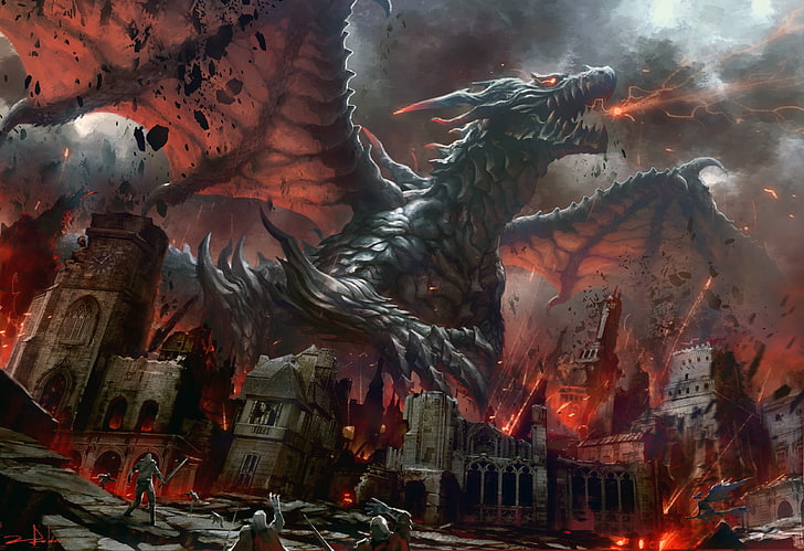 red and black dragon digital wallpaper, fantasy art, fantasy city