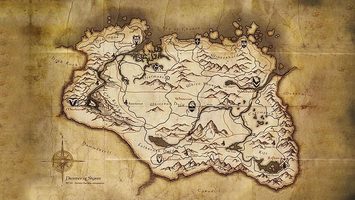 brown map, The Elder Scrolls V: Skyrim, video games, paper, indoors