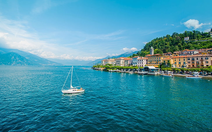 white sail boat, mountains, lake, building, yacht, Italy, promenade