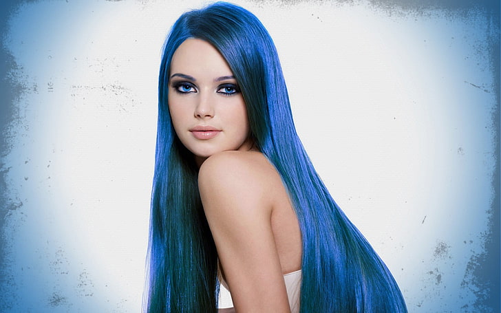 hair  , blue hair, women, dyed hair, blue eyes, juicy lips