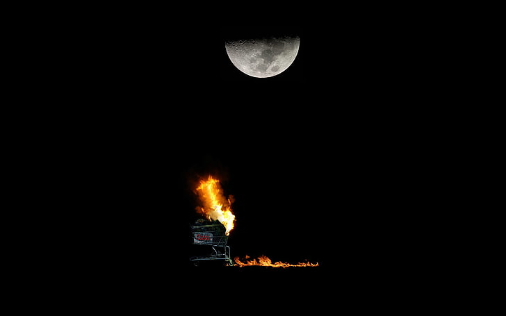 red fire, night, abstract, Moon, minimalism, burning, flame, no people