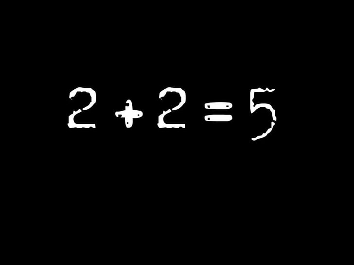 black background with 2+2=5 text overlay, Humor, Funny, Mathematics