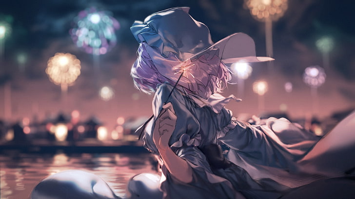 touhou, saigyouji yuyuko, fireworks, back view, scenic, Anime, HD wallpaper