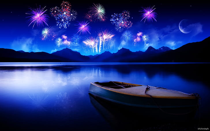 Celebrating 2012 New Year, brown boat and fireworks display painting