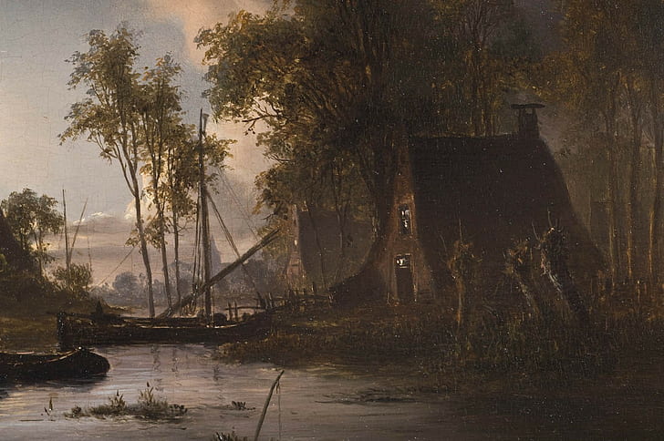 painting, classic art, cottage, boat, river, trees