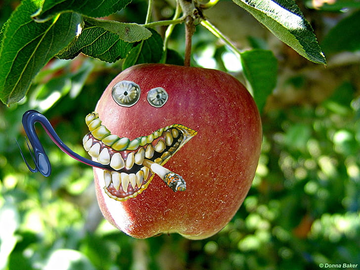 crazy apple Apple fruit hang smoke teeth Tongue Tree HD, nature, HD wallpaper
