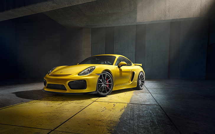 yellow and black car die-cast model, Porsche Cayman GT4, motor vehicle, HD wallpaper