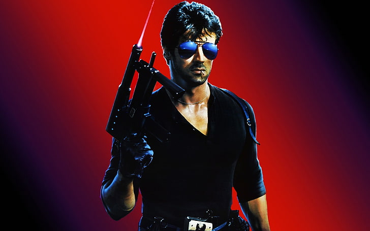 men's black V-neck top, weapons, match, glasses, Cobra, Sylvester Stallone